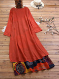 Women Long Sleeve Cotton-Linen Fake 2 Piece Patchwork Split Maxi Dress