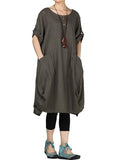 Plus size summer new round neck cotton and linen washed lantern dress