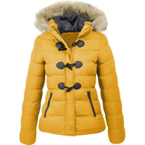 Women Parkas Casual Fur Collar Horn Buckle Cotton Solid Jacket