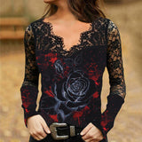 Print Floral Lace V-Neck Long Sleeves Casual Blouses