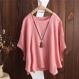 Batwing Sleeve Round Neck Solid Color Cotton Linen Blouses Tops