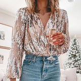 Sequin V-neck Long Sleeve Top