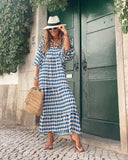 3/4 Sleeve Printed Bohemian Blue Casual Dress