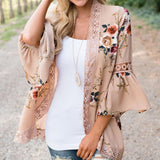 Floral Printed Lace Patchwork Chiffon Cardigan