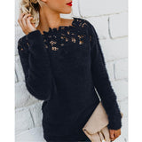 Elegant Plus Size Solid Color Long Sleeve O-Neck Floral Lace Pullover Casual Sweater