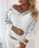 Sequin Patchwork V Neck Fuzzy Top