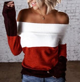 Colorblock Ribbed Knit Off Shoulder Sweater