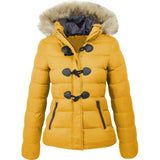 Women Parkas Casual Fur Collar Horn Buckle Cotton Solid Jacket