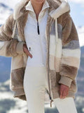 Over Size Stitching Plaid Hooded Zipper Fleece Coat