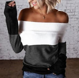 Colorblock Ribbed Knit Off Shoulder Sweater