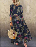 New print round collar middle sleeves big dress long skir