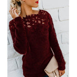 Elegant Plus Size Solid Color Long Sleeve O-Neck Floral Lace Pullover Casual Sweater