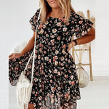 Hot summer print round neck short-sleeved loose dress