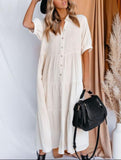 Turn-down Collar Button Solid Color A-LINE Big Swing Long Dress