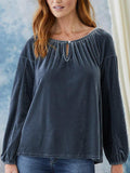 Solid color round neck pullover pleated lantern sleeve velvet top