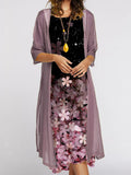 Women Casual Floral Print O-Neck Sleeveles Dress Solid Chiffon Two-Piece Set