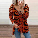 Halloween T-Shirt Pumpkin Floral Printed V-Neck Long-Sleeved Top