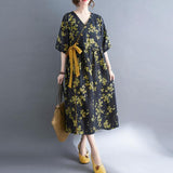 Cotton and linen printed short-sleeved waistband dress