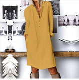 Lapel Neck Long Shirt Dress Buttons Cotton Linen