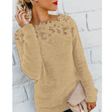 Elegant Plus Size Solid Color Long Sleeve O-Neck Floral Lace Pullover Casual Sweater