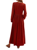 Solid Color Long Sleeves Red Round Neck Dress