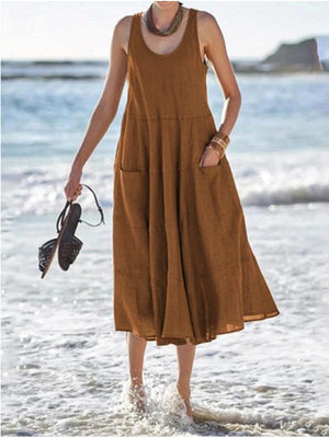 Cotton hemp solid color Beach women Dress