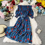 Off Shoulder Floral Print Chiffon Dress