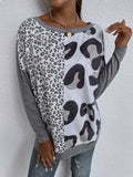 Stitched leopard print round neck long-sleeved casual t-shirt