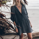 Cotton Linen Casual Loose V Neck Midi Dress