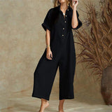 Button Down Collar Single Breasted Plain Short Sleeve Jumpsuit