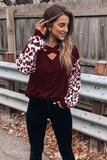 Cross V-neck leopard print hit color casual long-sleeved T-shirt