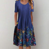 Retro Blue Short Sleeve Midi Dress