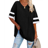 Loose Half-Sleeved V-Neck Contrast Color Waist T-Shirt