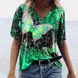 Loose T-Shirts Casual Short Sleeve V-Neck Butterfly Print Tee