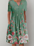 Casual green printed floral V-neck mid-length dress