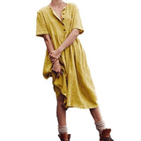 2021 Boho Cotton Linen Women Solid Short Sleeve