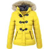 Women Parkas Casual Fur Collar Horn Buckle Cotton Solid Jacket