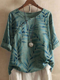 Flower Printing Button Cotton And Linen Top Casual O-Neck Short Sleeve Loose Shirt