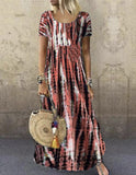 COTTON Round Neck Tie Dye Printed Long Loose Plus Size Dresses