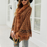 Leopard Print Tassel Knit Plush Cape Cardigan