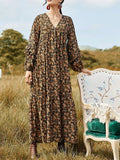 Brown Floral Printed Long Sleeve Dress