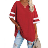 Loose Half-Sleeved V-Neck Contrast Color Waist T-Shirt