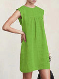 Round Neck Short Sleeve Stitching Casual Cotton Linen Women Dress