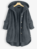 Plus Size Fleece Irregular Button Pocket Hooded Coat