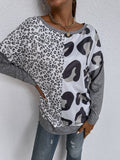 Stitched leopard print round neck long-sleeved casual t-shirt