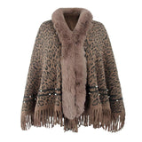 Leopard Print Tassel Knit Plush Cape Cardigan