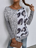 Stitched leopard print round neck long-sleeved casual t-shirt