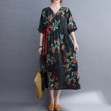 Cotton and linen printed short-sleeved waistband dress