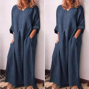 Cotton and Linen Solid Color Ankle Dress