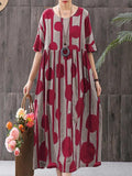 Cotton-Linen Dress Short Sleeve Dot Striped Print Casual Dress Loose